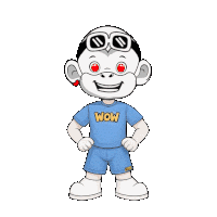 a cartoon character is wearing a blue shirt that says wow