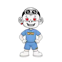 a cartoon character is wearing a blue shirt that says wow