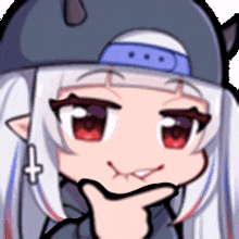 a cartoon girl with white hair and red eyes is thinking with her hand on her chin