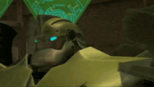 a robot is sitting in front of a screen that says ' a ' on it