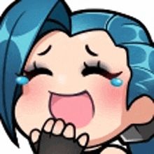 a cartoon character with blue hair is crying and holding her hand to her mouth .