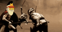 a man with a m on his hat is holding a spear