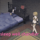 a girl standing in front of a bed with the words sleep well chandler written in pink