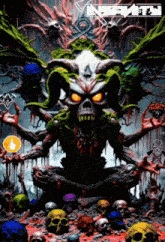 a painting of a demon surrounded by skulls with the word death on the bottom right