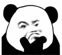 a panda bear is making a funny face with his hands on his chin .