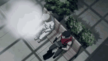 a man sits on a bench next to another man with a gun