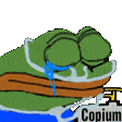 a frog is crying and holding a sign that says copium on it .