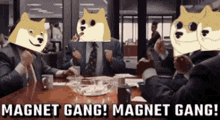 a group of people sitting around a table with doge heads on their faces .
