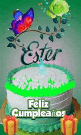 a birthday cake with the name ester and a butterfly on top