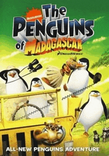 a movie poster for the penguins of madagascar shows a group of penguins on a jeep .