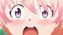 a close up of a girl 's face with purple eyes