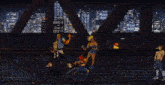 a group of people are fighting in front of a large airplane