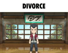 a man standing in front of a window with the word divorce above him