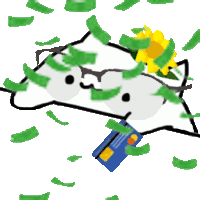 a cartoon cat with glasses and a credit card is surrounded by money