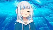 a girl with white hair and blue stripes is smiling in front of the ocean