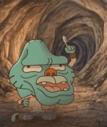 gumball from the amazing world of gumball is standing in a cave holding a spoon in his hand .