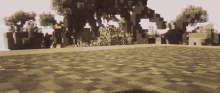 a minecraft landscape with trees and a house in the distance