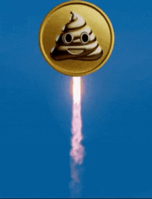 a gold coin with a poop face on it flies through the air