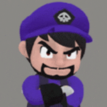 a cartoon character wearing a purple hat with a skull on it .