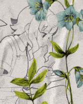 a drawing of a woman with blue flowers behind her