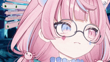 a girl with pink hair wearing glasses and a pink axolotl necklace