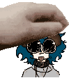 a pixel art of a person wearing sunglasses and headphones with a hand holding their head .