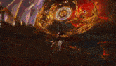a painting of a person surrounded by fire with a ring in the middle .