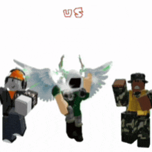 a group of roblox characters standing next to each other with us written in red