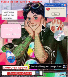 a cartoon of a man sitting in front of a computer surrounded by cds and a reminder message