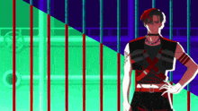 a man with red hair and a choker is standing in front of a fence with his hands on his hips .