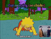 a cartoon of lisa simpson sneezing with the caption gay camping
