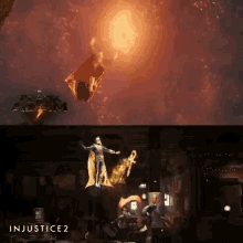 a poster for injustice 2 shows a statue of a man flying through the air