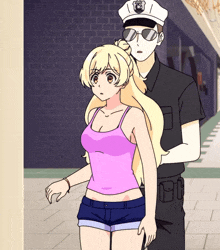 a cartoon of a police officer holding a girl