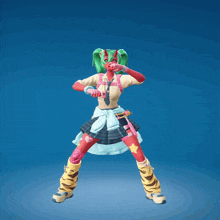 a girl with green hair and pink gloves is dancing in a video game