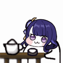a cartoon girl is sitting at a table with a teapot and cup .