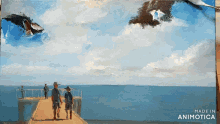 a painting of people walking on a pier with the words made in animotica below it