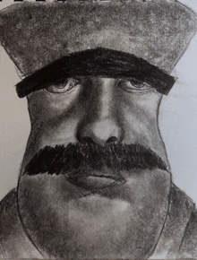 a drawing of a man 's face with a hat and mustache