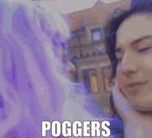 a woman with purple hair is kissing a man with the word poggers on the bottom right