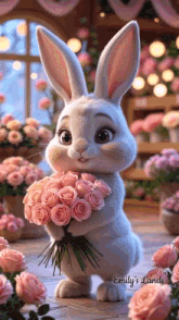 a bunny rabbit is holding a bouquet of pink roses in front of a window .