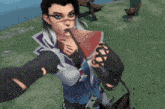 a woman in a video game takes a selfie while drinking watermelon