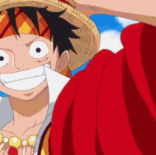 monkey d luffy from one piece is wearing a straw hat and a red shirt