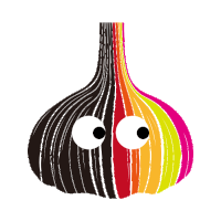 a cartoon drawing of a colorful garlic bulb with eyes