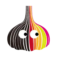 a cartoon drawing of a colorful garlic bulb with eyes
