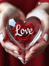 a woman is holding a glass heart with a red rose inside of it and the word love on it