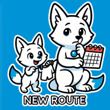a cartoon drawing of two foxes with the words new route written below them