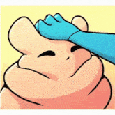 a cartoon frog with a blue hand on its head .