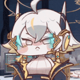 a cartoon character with horns and headphones is sitting in front of a computer .