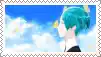 a cartoon character with blue hair is looking at the sky .