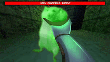 a person is holding a sword in front of a green mouse in a video game .