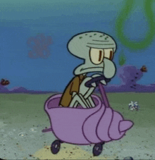 squidward from spongebob squarepants is riding a purple shell scooter .
